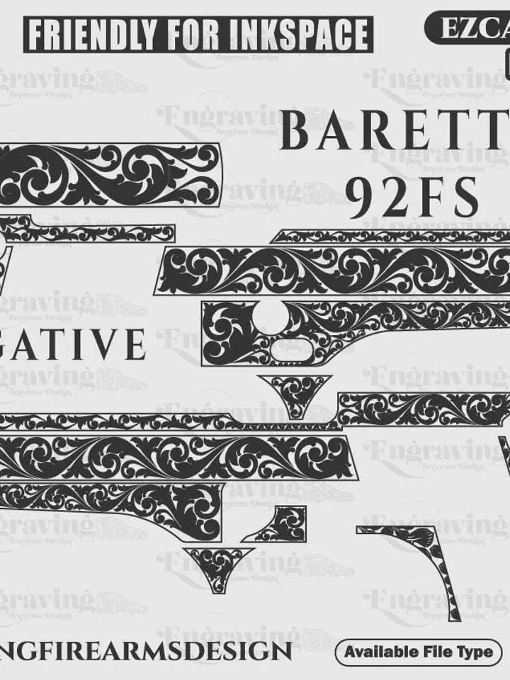 Baretta 92 FS Scroll Design Svg,lasercut,laserengraving,fiberlaser,engravingfiles,laserpattern,engravingdesign,engravingpattern,metalart