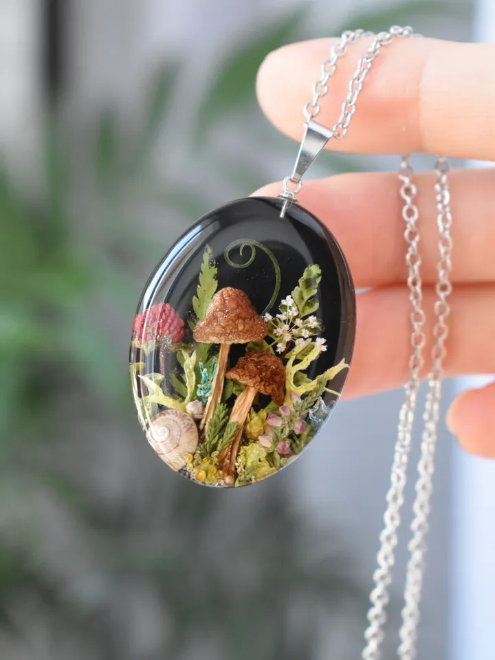 Real mushroom necklace. Pendant with a forest composition. Necklace with dried mushrooms in resin.