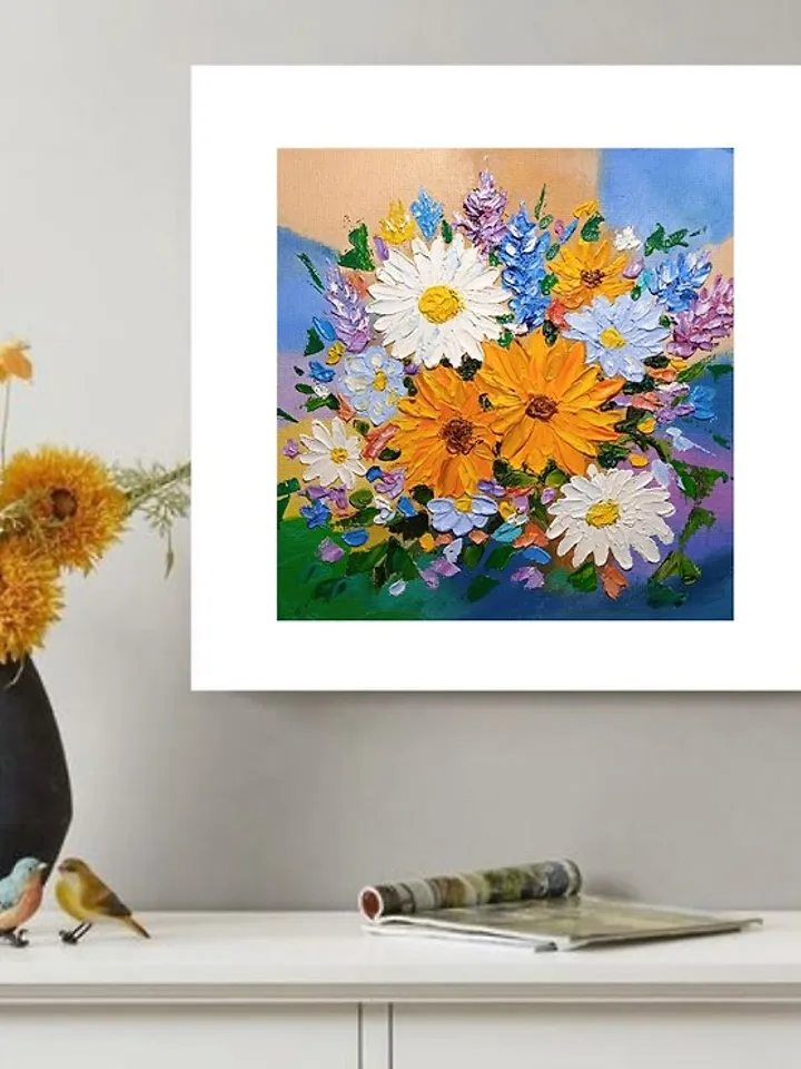 Oil Painting Bright Flowers Chamomile Sunflowers Impasto Art Miniature 6 x 6 in