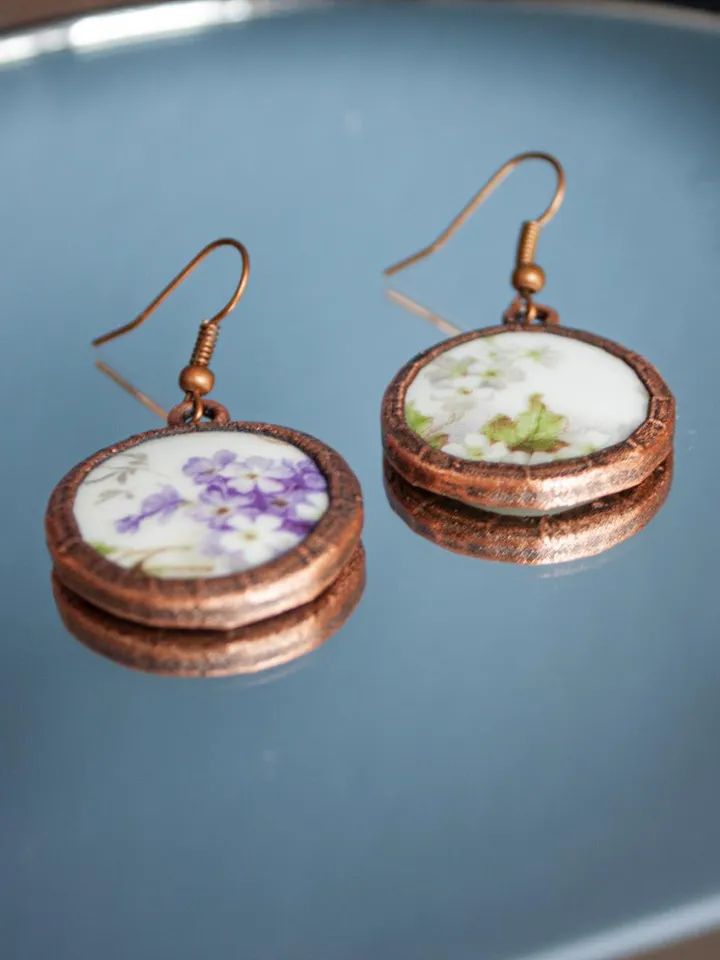 Unique handmade porcelain earrings in a copper frame made using the electroforming process