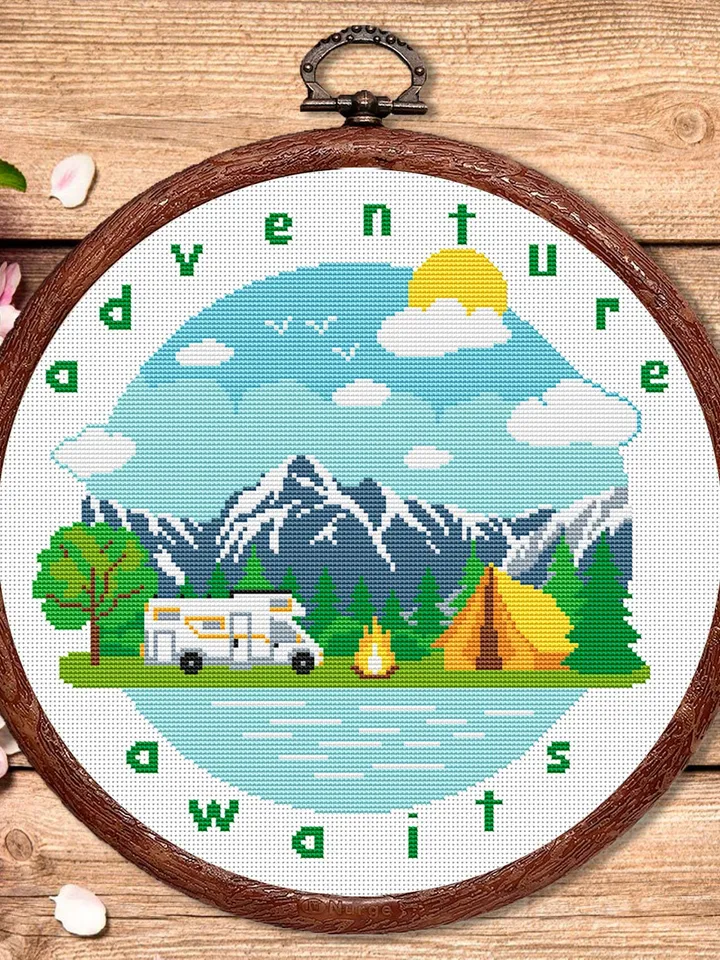 Adventure Awaits Cross Stitch Pattern, Camping Cross Stitch, Embroidery Adventure Awaits, Travel Pattern, Modern Cross Stitch #trl014