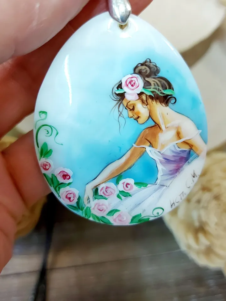 Mother of pearl Russian hand-painted Necklace pendant "Charming Ballerina" Hand paint necklace pendant