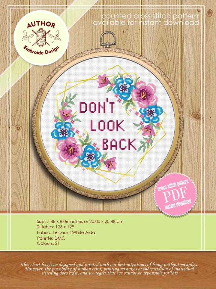 Motivational quote cross stitch pattern Dont look back Instant download PDF, Floral wreath cross stitch chart, Flower border pattern #Q16