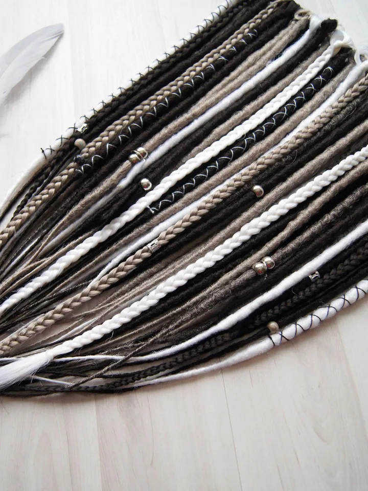 Smooth Dreadlock Extensions Set Synthetic Dreads Statement hair in Natural Brown and White Gray Shades, Boho Dreadlock Hair Extensions