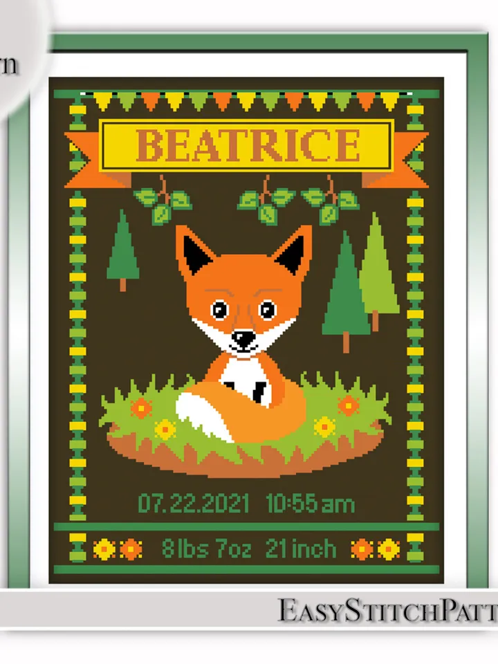 Cute Fox Cross Stitch Pattern. Baby Birth Announcement. Animal Cross Stitch. DIY. Customizable New Baby.