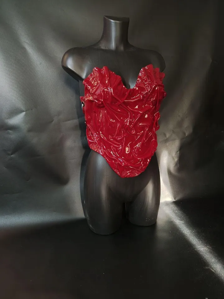 Red corset, cosplay corset, custom corset, crop top, plastic cotset, unique corset, festival corset, golden wave corset, photo props