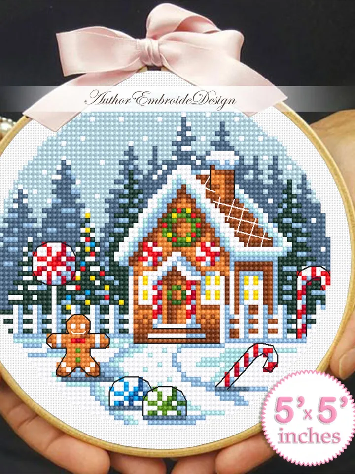 Gingerbread house cross stitch pattern PDF download Snow winter landscape cross stitch chart Christmas gingerbread pattern digital PDF #N185