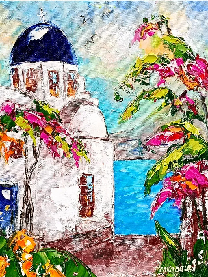 Santorini Painting Greece Original Art 12x10 Impasto Oil Painting Oia Greece Bougainville Wall Art Flower Artwork by ArtProkopaloSv