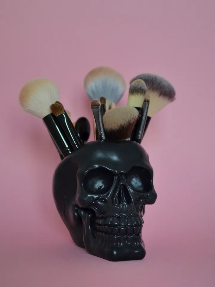 Black Skull Brush Holder Tattoo Skull Planter Pink Skull Skull Vase Pen Holder Skull Decor Skull Gold Painted Skull Human Skull Skull Home