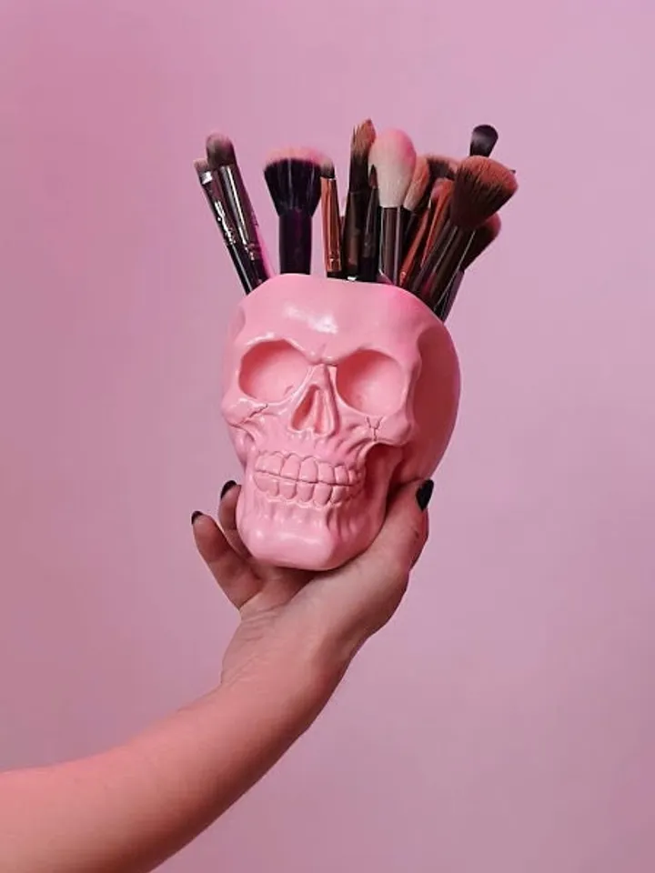Black Skull Brush Holder Tattoo Skull Planter Pink Skull Skull Vase Pen Holder Skull Decor Skull Gold Painted Skull Human Skull Skull Home