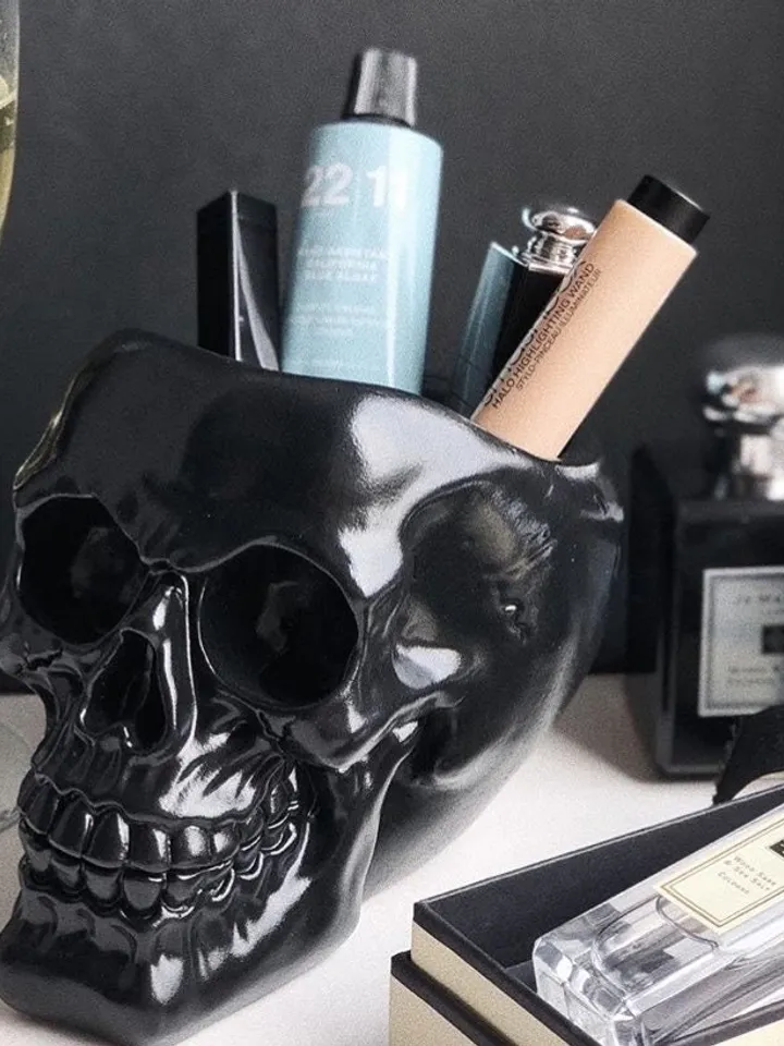 Black Skull Brush Holder Tattoo Skull Planter Pink Skull Skull Vase Pen Holder Skull Decor Skull Gold Painted Skull Human Skull Skull Home