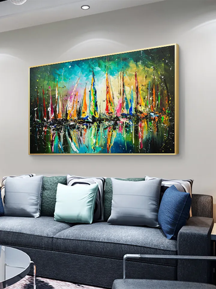 Original Painting On Canvas, Abstract Colorful Sailboat Oil Painting, Seascape Painting, Large Wall Art,Living Room Wall Decor,Wall Hangings