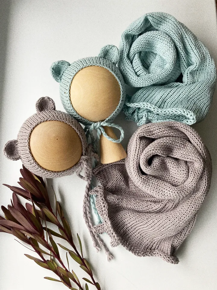 Cotton wrap cotton bonnet. Knitted Newborn photo props.