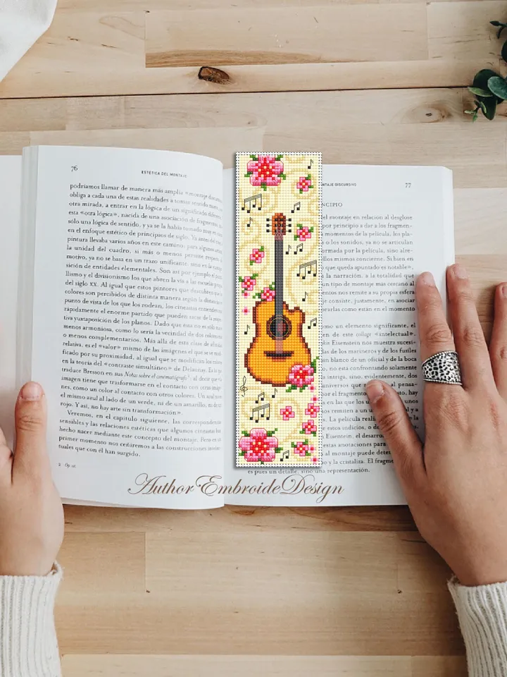 Music bookmark cross stitch pattern PDF download Acoustic guitar cross stitch chart, Flower bookmark pattern digital PDF Floral guitar #B408