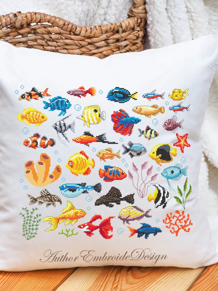 Aquarium fish cross stitch pattern PDF download Fishes sampler cross stitch, Tropical fish pattern digital PDF, Fish needlepoint canvas #K36