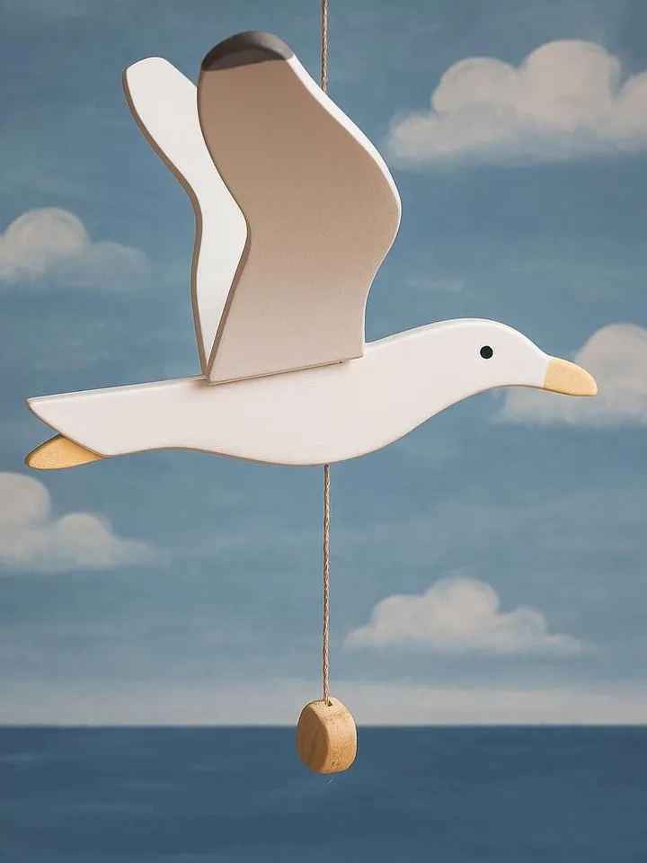 Wooden Gull Mobile β Handmade Flying Bird Toy with Moving Wings | Natural Wood Nursery Decor & Coastal Gift for Kids or Adults