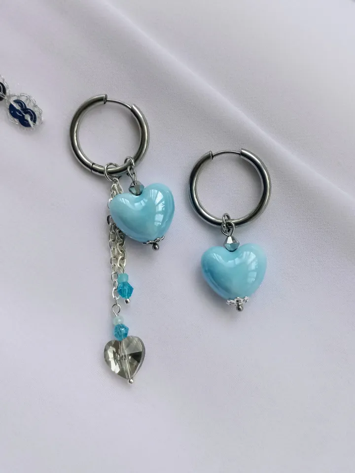 Handmade hoop earrings transformers with 6 pendants, blue and silver heart shaped earrings, Swarovski pearls earrings