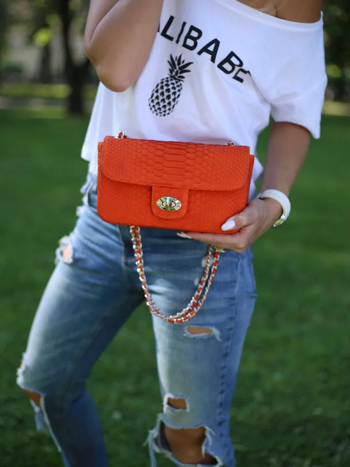 Orange Genuine Python Skin Bag | Exotic lethaer Bags | Leather Women Chain Crossbody | Classy Summer Bag | Leather Handmade Bags | Purses