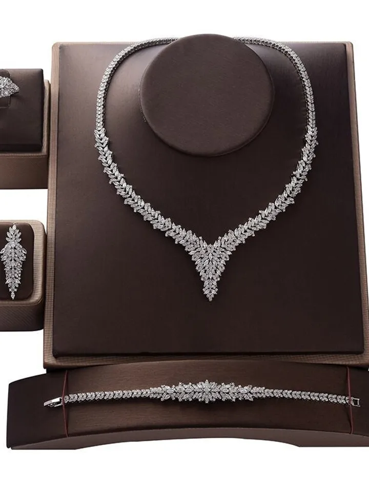 Silver wedding Necklace, Earring and Bracelet, Gold Bridal Necklace and Ring, Wedding Jewellery Set, Gold Rhinestone Necklace, Set Zircon,