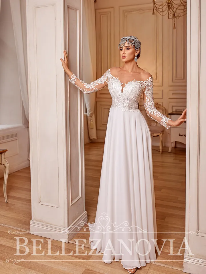 Long Sleeve Wedding Dress, Long Sleeve Lace Wedding Gown, Chiffon Long Wedding Gown Lace Sleeves, Custom size wedding dress, Custom dress,