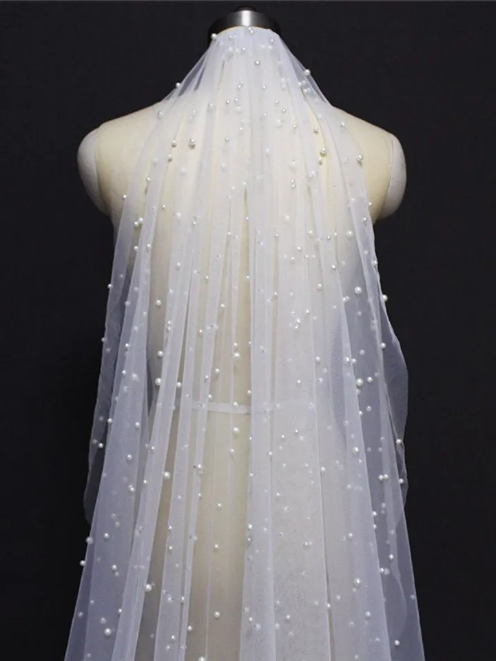 Pearl Wedding Veil wedding veil Chapel bridal Modern Fingertip Veil Ivory Wedding Veil Single Tire Veil Simple Veil Single layer Veil