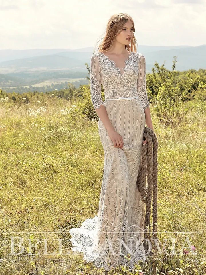 Sleeve wedding dress Rustic corset based straight silhouette dress featuring lace V-neckline Boho Lace Bridal Gown Lace boho wedding dress