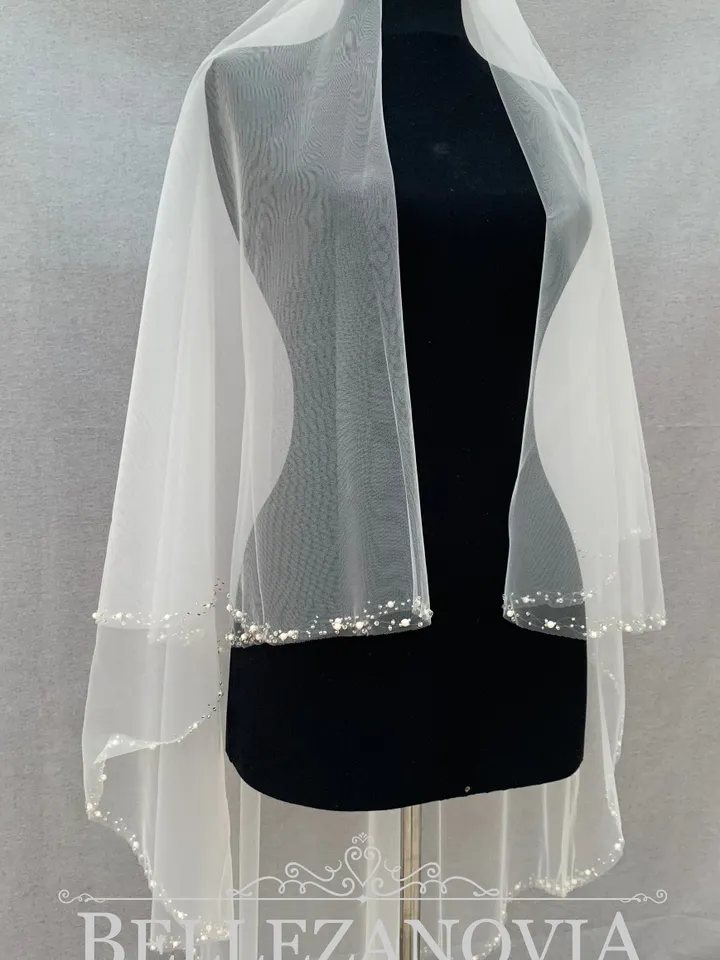 Two tier veil, Beaded edge wedding veil, Handmade white veil, Blush Beaded Bridal Veil, Fingertip Veil, Wedding Veil, Pearl Veil Beaded Veil