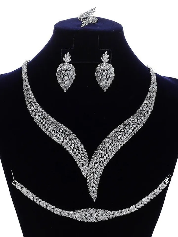 Zirconia Gold Bridal Necklace Set, Gold Wedding Necklace Earrings Bracelet Ring Set, CZ Wedding Necklace Set, Crystal Bridal Jewelry Set,