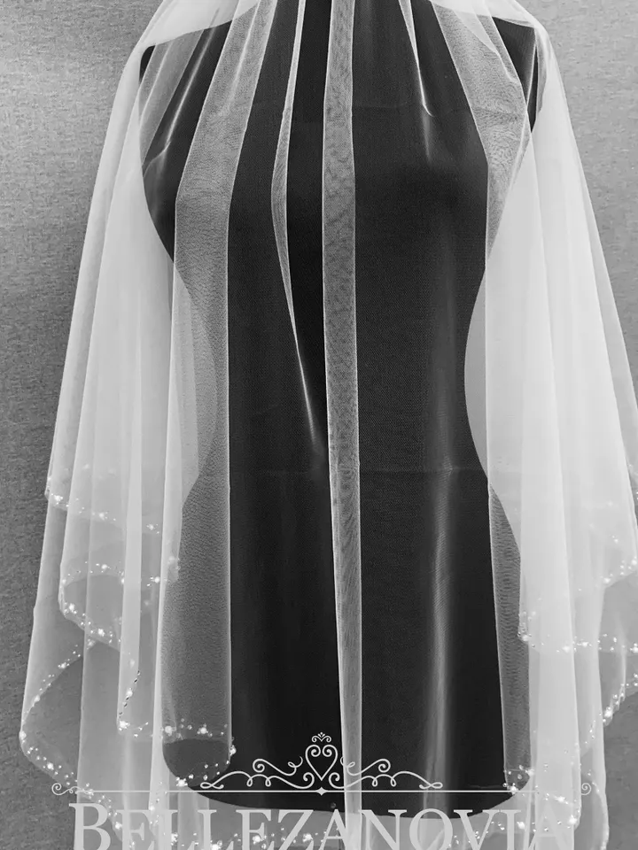 Two tier veil, Beaded edge wedding veil, Handmade white veil, Blush Beaded Bridal Veil, Fingertip Veil, Wedding Veil, Pearl Veil Beaded Veil