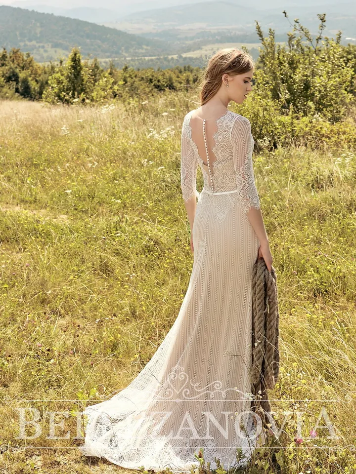 Sleeve wedding dress Rustic corset based straight silhouette dress featuring lace V-neckline Boho Lace Bridal Gown Lace boho wedding dress