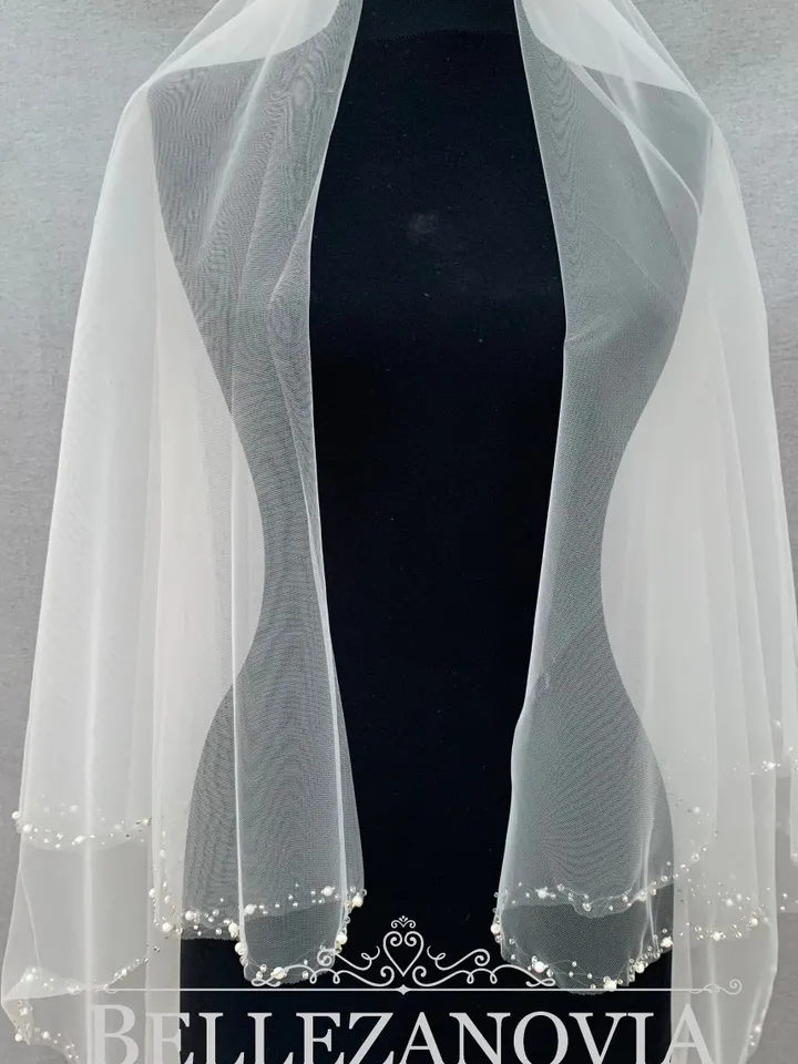 Two tier veil, Beaded edge wedding veil, Handmade white veil, Blush Beaded Bridal Veil, Fingertip Veil, Wedding Veil, Pearl Veil Beaded Veil