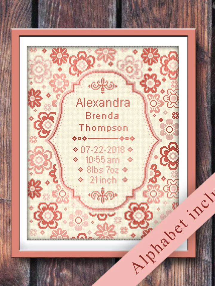 Baby Birthday cross stitch pattern. Floral border cross stitch pattern. Nursery cross stitch