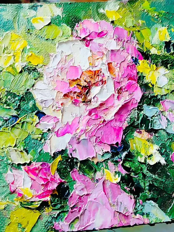 Pink Roses Flowers Original Oil Painting Wall Art Impasto Artwork Canvas Painting 6 by 6 inches by Natalia