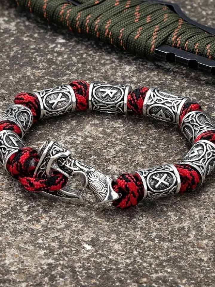 Handmade paracord and stainless steel bracelet with Viking runes