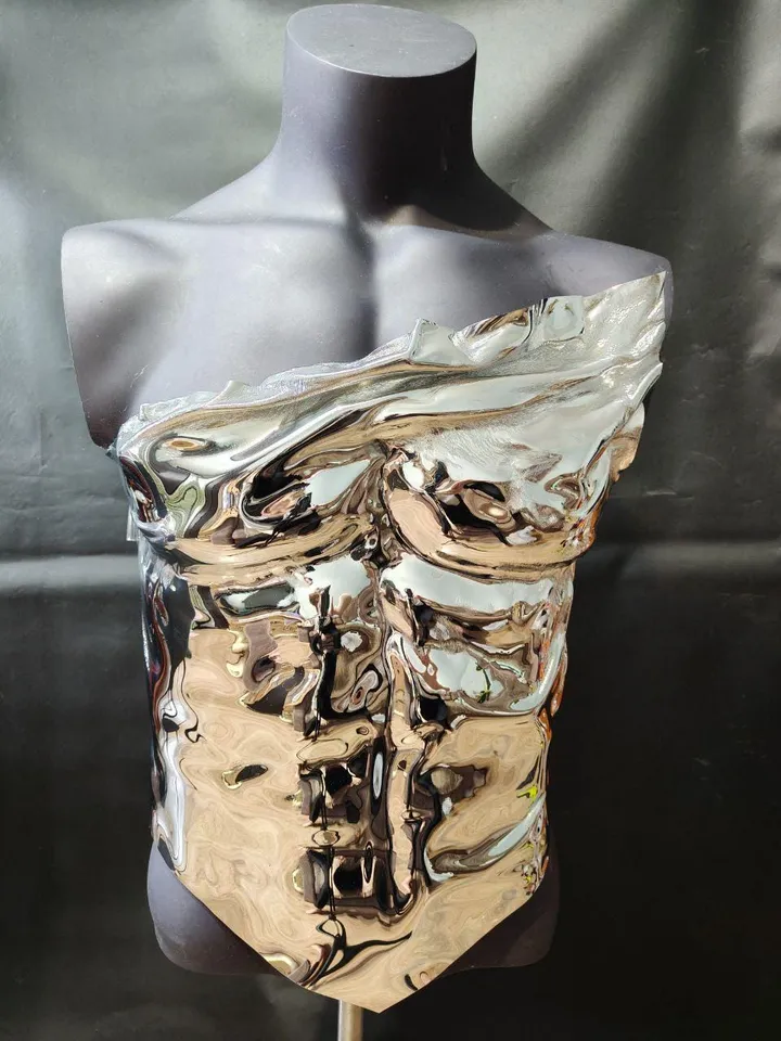 AvantGarden Clothing Mens Silver Royal Chrome Shiny Corset Armor Metallic Mens Fashion Top Stage Costume Festival Outfit Armor LGBT Pride