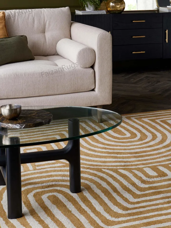 Abstract Swirl Dark Green And Ochre Hand Tufted Rugs 100% Wool For Living Room, Bed Room, Kids Room In Any Size 9x12,8x10,6x9,5x8,3x5