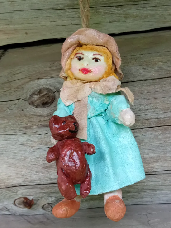 Handcrafted Cotton Doll Girl with Teddy Bear - Unique Christmas Ornament. Doll in Vintage Style
Christmas tree toy. Xmas ornaments