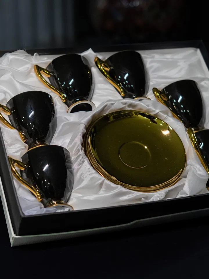 Black And Gold Porcelain Tea Cups and Saucers | Tea Cups Saucers Set | Porcelain Set | Elegant Teaware | Gift For Tea Lovers, Gift For Her