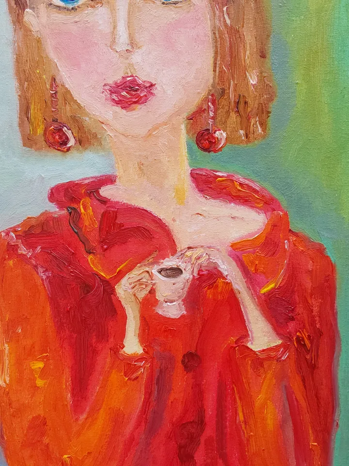 Oil painting on canvas "Portrait of woman in red. Imitating Modigliani" 40x50cm (16x20inch)The painting is sold. A copy is possible.