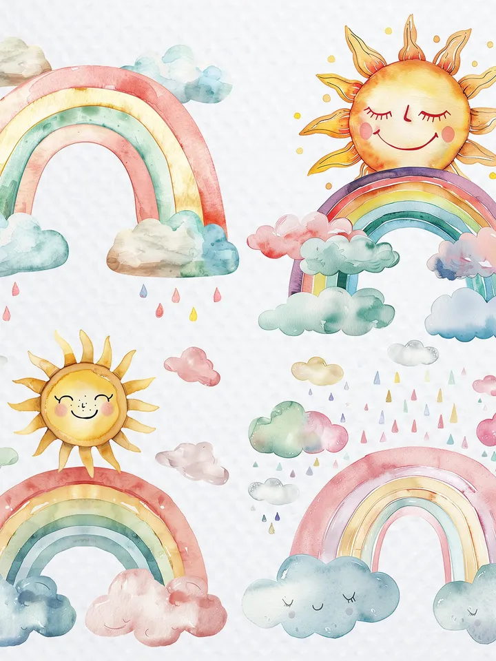 15 Rainbow PNG Bundle, Watercolor Sun And Rainbow Printable clipart for sublimation, Nursery  wall art, Paper craft, junk journals