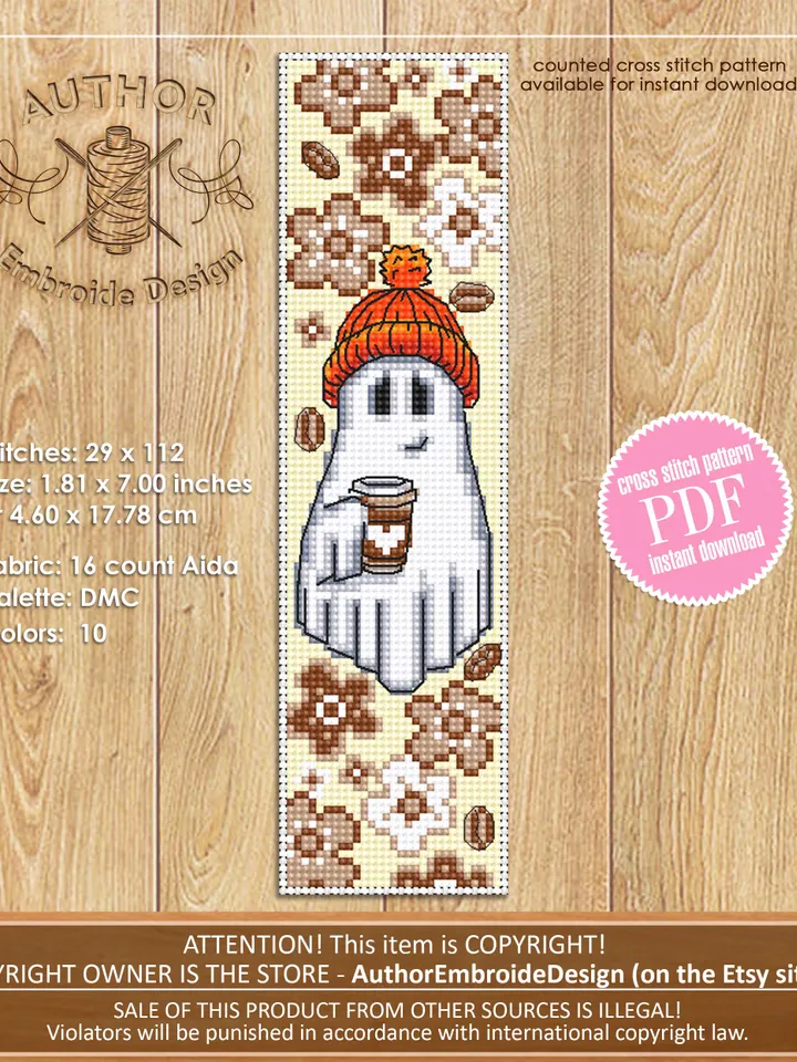 Ghost Bookmark set cross stitch pattern PDF download Cute ghost cross stitch chart Halloween bookmark pattern digital PDF Floral ghost #B376