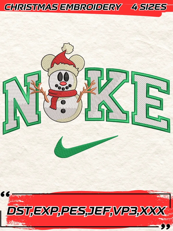 Swoosh Snowman Mickey Mouse Embroidery Design,Christmas Embroidery Design,4 Sizes,Digital Download