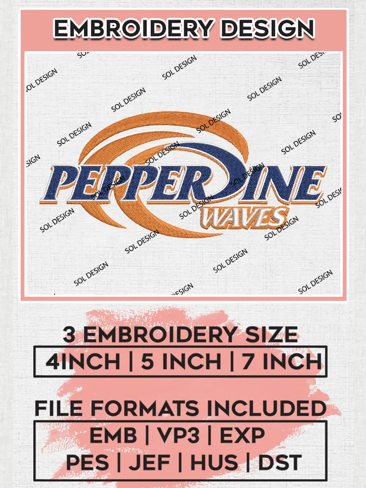 NCAA Pepperdine Waves Team Writing Logo Embroidery Design Files, NCAA Pepperdine Waves Machine Embroidery, NCAA Teams, Game Day, 3 sizes, NCAA Machine embroidery designs, Digital Download