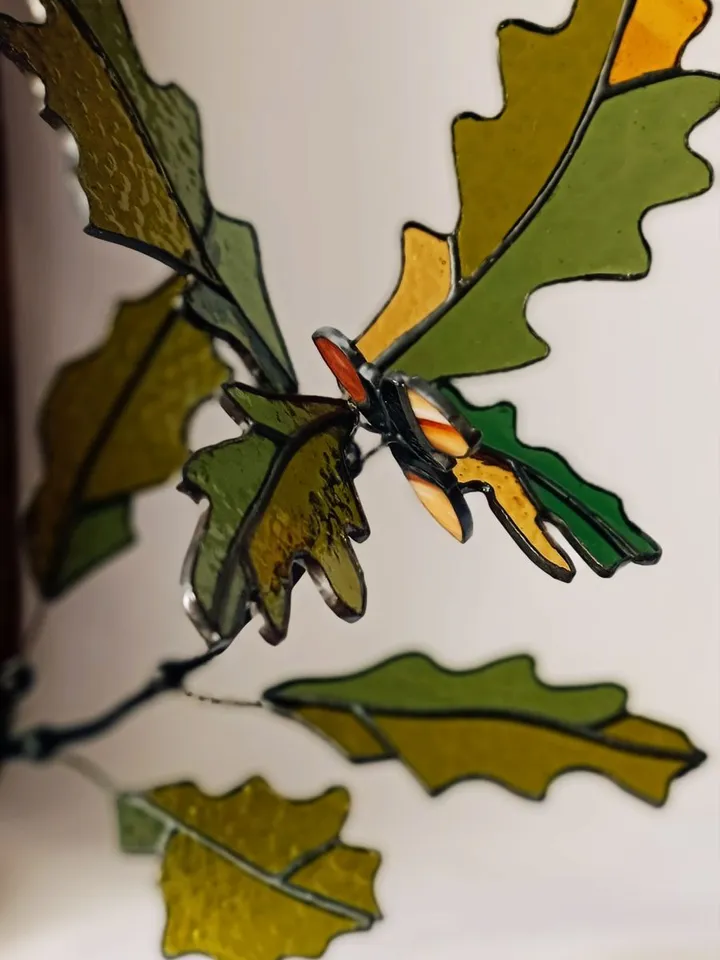 Stained Glass: Oak Twig. Tiffany Technique, Oak Branch. Tiffany-Style Stained Glass, Tiffany Stained Glass: Oak Leaf Branch, Tiffany-Style Stained Glass Oak Branch, Oak Twig in Tiffany-Style Stained Glass, Tiffany Stained Glass Oak Branch Design