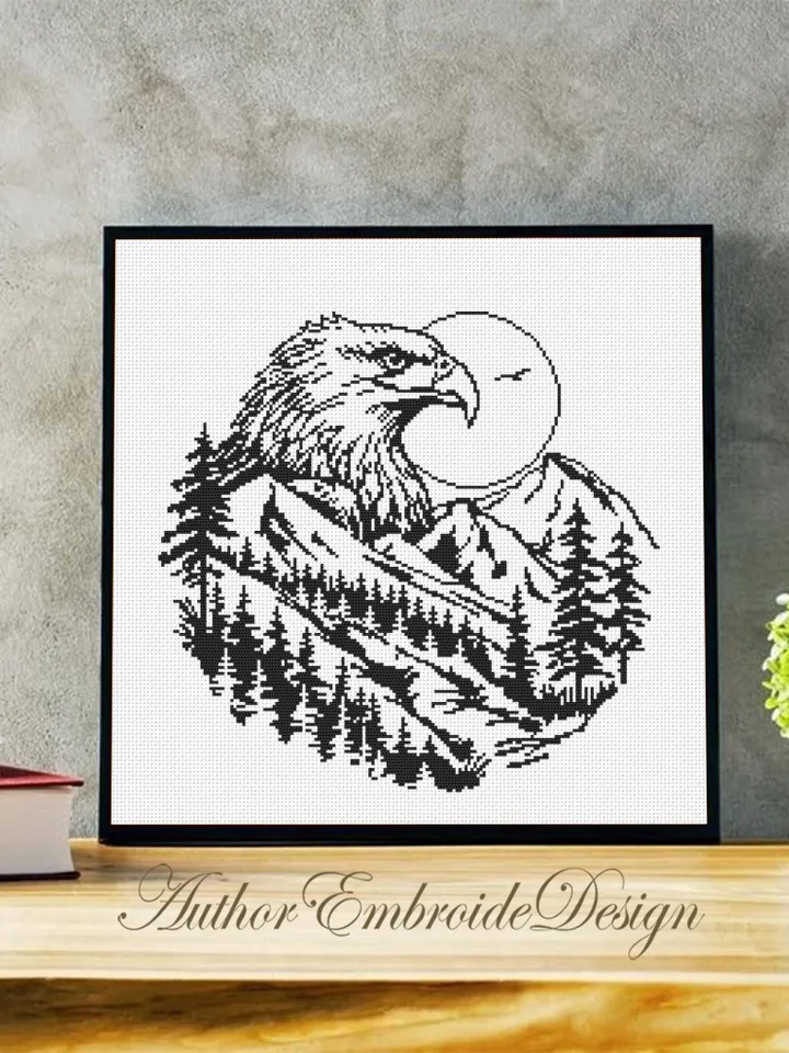 Bald eagle cross stitch pattern PDF download Mountain landscape cross stitch chart, Monochrome nature pattern digital, Beginner stitch #L83