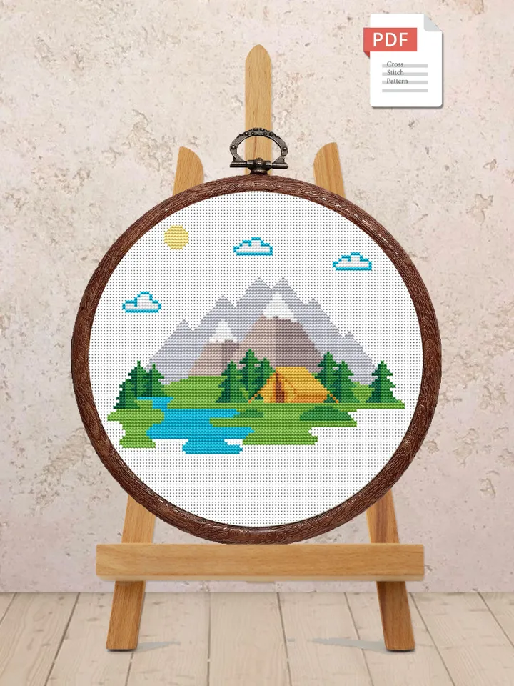 Mountain Landscape Cross Stitch Pattern, Island Cross Stitch, Embroidery Travel, Travel Cross Stitch Pattern, Modern Cross Stitch #trl006