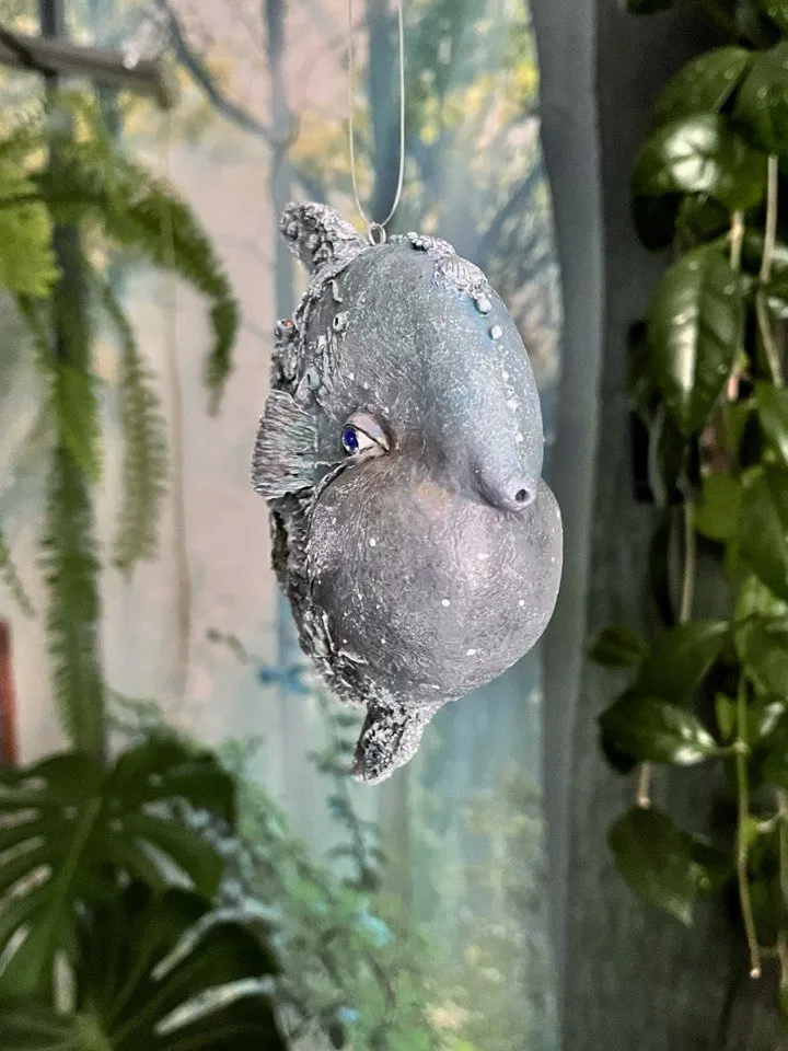 Suspended papier-mâché figurine Fish Moon. Art sculpture from papier-mache - series “Sea”. Unique interior decor handmade. Unusual interior pendant for your collection.