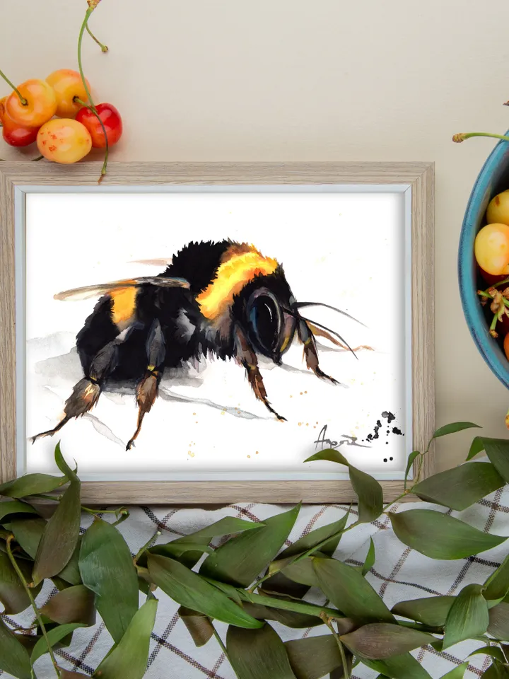 Bumblebee original watercolor illustration, bee painting, wall decor, 8x11 in art for natura lovers by Anne Gorywine