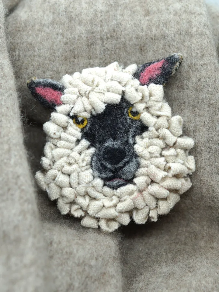 Sheep brooch, textile brooch, needle felted sheep, rug hooking brooch, ready to ship