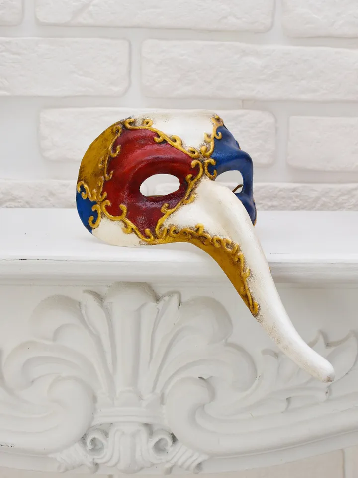 Plague doctor half red masquerade mask, masquerade ball Venetian mask to historical costume.